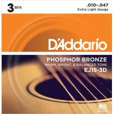 EJ15-3D PHOSPHOR BRONZE Коробка из 3 компл. струн  для акуст. гитары Extra Light 10-47 D`Addario