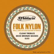 EJ33 Folk Nylon Комплект струн для акустической гитары, шарик на конце, нейлон/брон 80/20, D'Addario