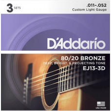 EJ13-3D Bronze 80/20 Струны для акустической гитары, бронза, 11-52, 3 комплекта, D'Addario