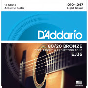 EJ36 BRONZE 80/20 Струны для акустической 12-струнной гитары бронза 12-srt Light 10-47 D`Addario