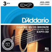 EXP11-3D Coated 80/20 Струны для акустической гитары, Light, 12-53, 3 комплекта,  D'Addario