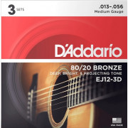 EJ12-3D Bronze 80/20 Струны для акустической гитары, бронза, 13-56, 3 комплекта, D'Addario