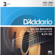 EJ11-3D Bronze 80/20 Струны для акустической гитары, бронза, 12-53, 3 комплекта, D'Addario