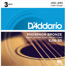 EJ16-3D Phosphor Bronze Струны для акустической гитары фосф.бронза, 3 комплекта, 12-53, D'Addario