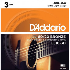 EJ10-3D Bronze 80/20 Струны для акустической гитары, бронза, 10-47, 3 комплекта, D'Addario
